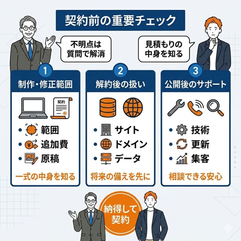 契約前の3点確認。制作範囲、解約後の扱い、公開後のサポート。