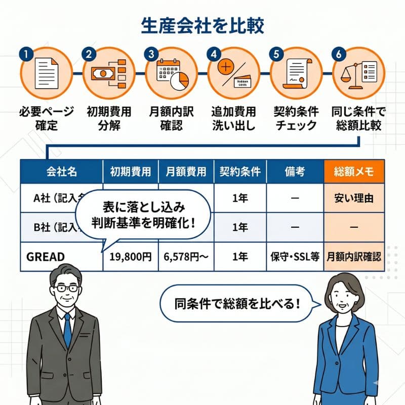 制作会社を比較。6つの手順と3社の比較表。判断基準明確化。