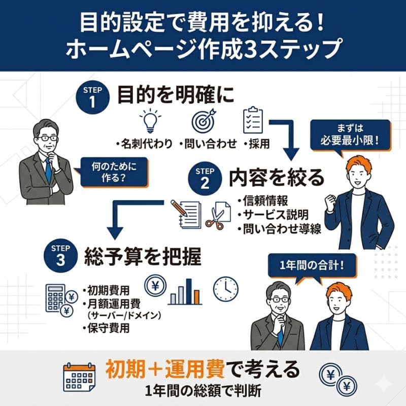 Webサイト制作費を抑える3ステップ(目的明確化、内容絞り込み、予算把握)の解説。