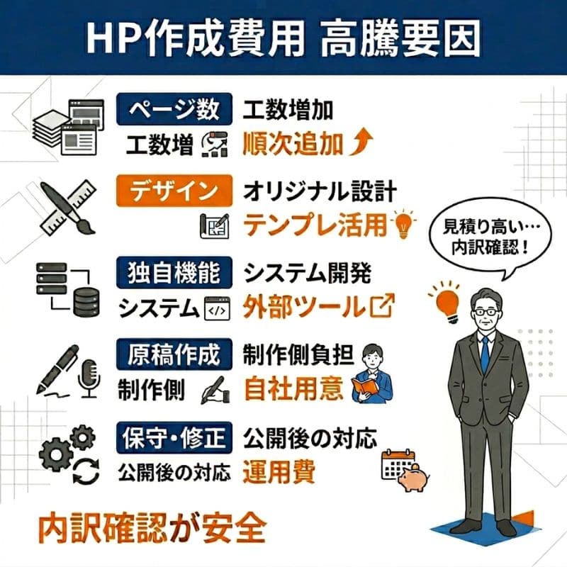 見積りが高い原因と、調整方法・内訳確認の重要性を示す図解。