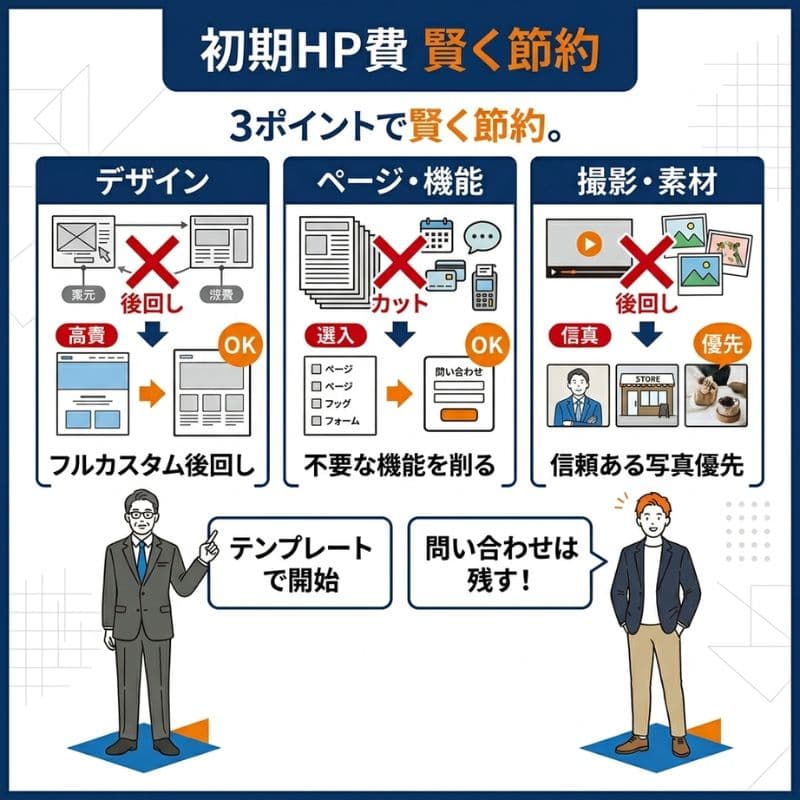 初期HP費用を賢く節約。テンプレート活用と不要機能のカット、信頼ある写真を優先。