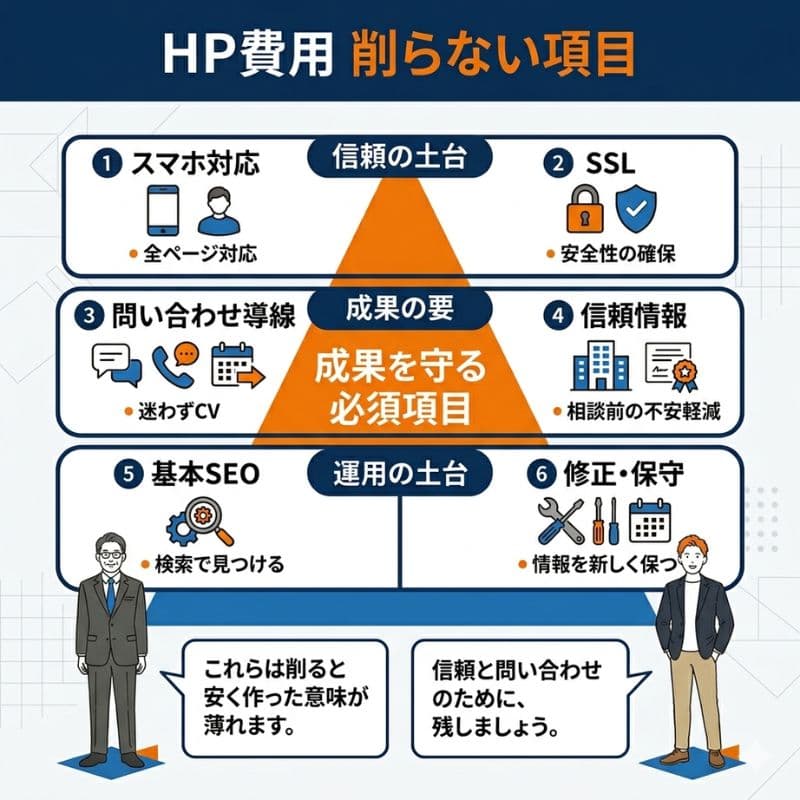 HP費用で削減すべきでない、成果を出すための6つの必須項目をピラミッド図解。
