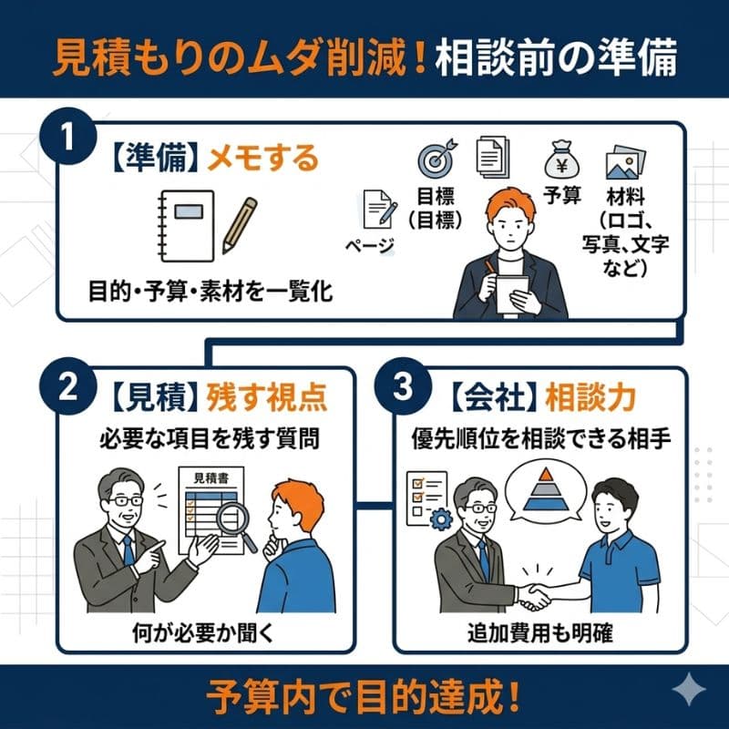 見積もりのムダを省く3ステップ。条件整理、必要項目の確認、最適な会社選びを解説。