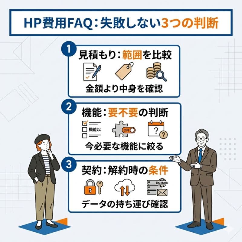 HP費用FAQ:失敗しない3つの判断。範囲比較、機能要不要、データの持ち運び。