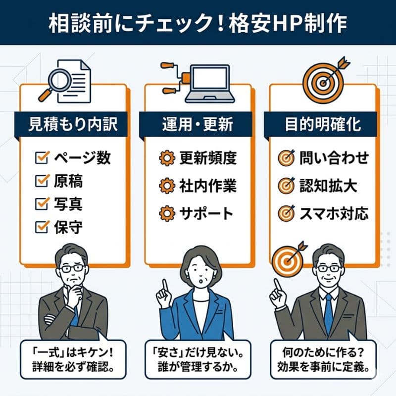 格安HP制作相談前に確認すべき見積もり・運用・目的のポイント。