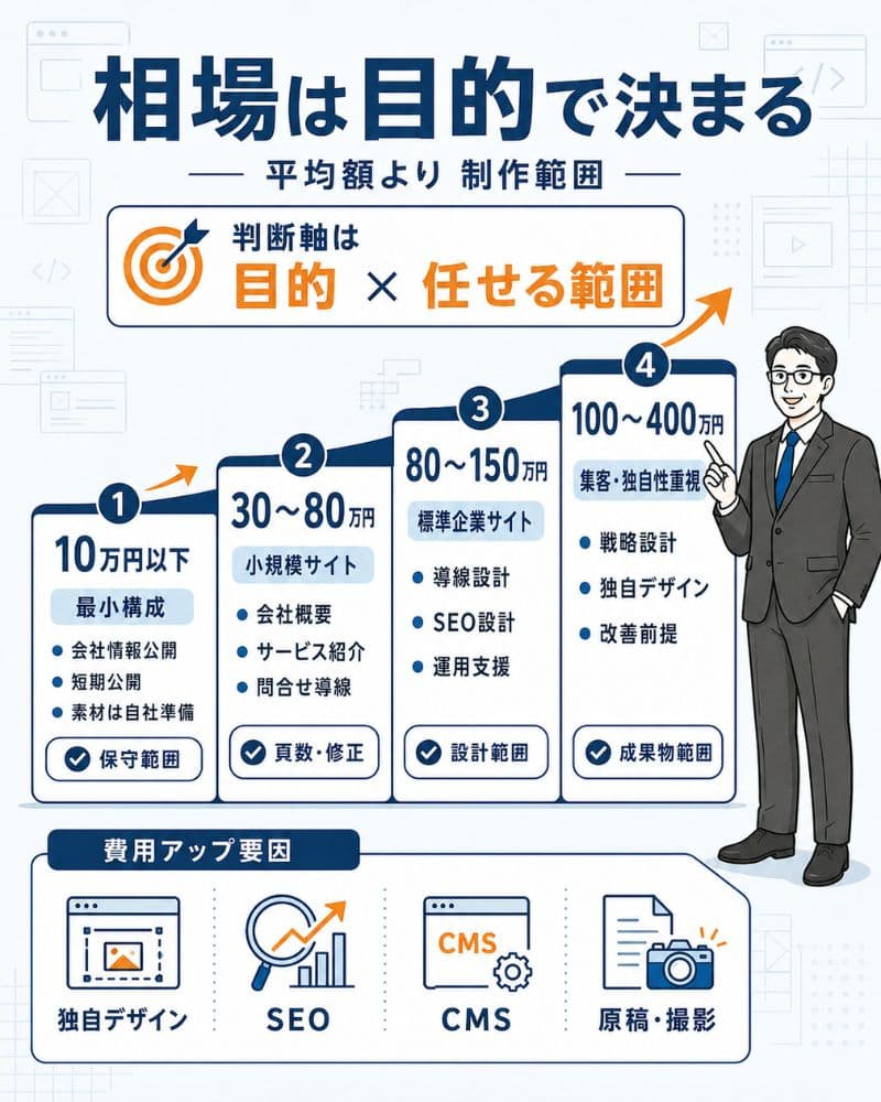 ホームページ制作費用を目的と範囲別に比較した図解