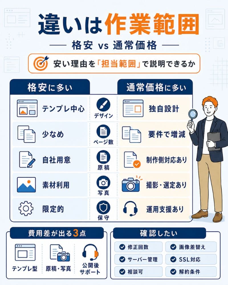 格安制作と通常価格の作業範囲の違いを比較した図解