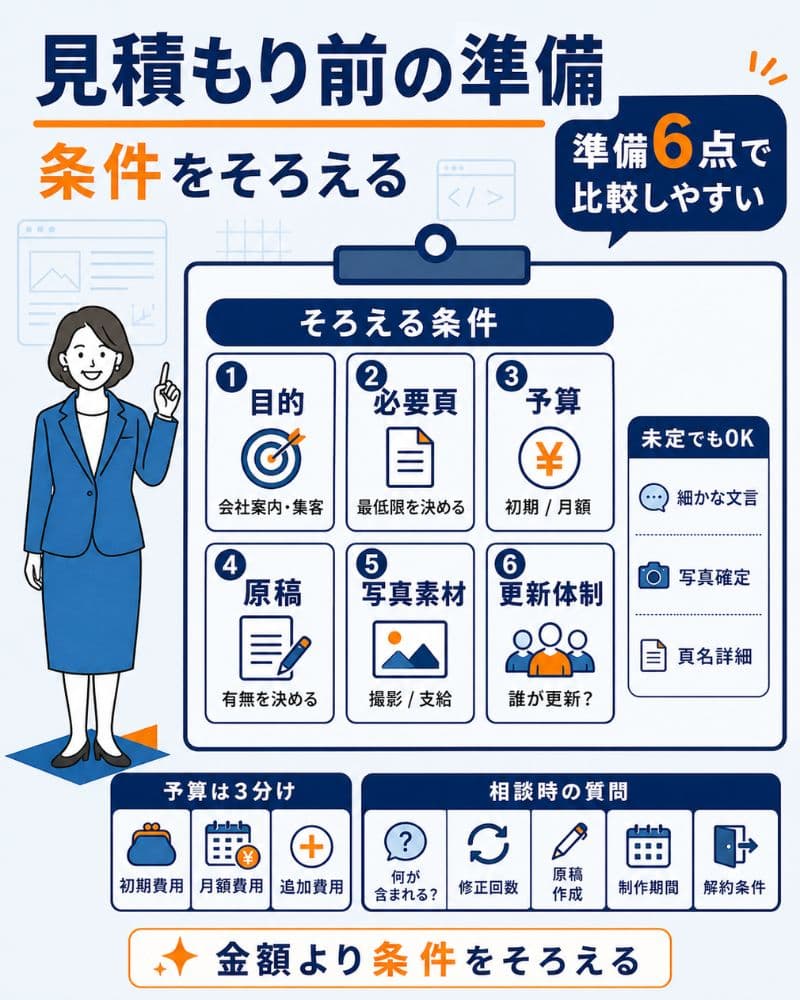 見積もり前にそろえる条件と相談時の質問を示す図解