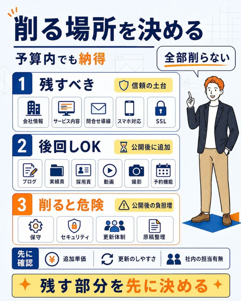 費用を抑えるために残す部分と後回し項目を整理した図解