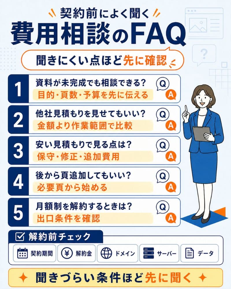 ホームページ制作の費用相談でよくある質問をまとめた図解