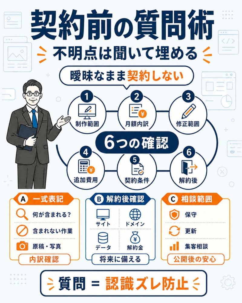 契約前に確認すべき料金表の不明点6項目を示す図解