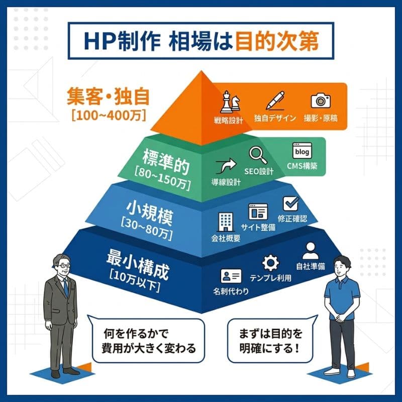 目的別に変わるホームページ制作の費用相場を、階層で示したピラミッド図。
