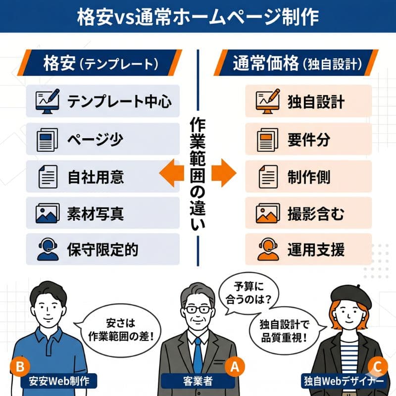 格安と通常ホームページ制作の、作業範囲の違いを比較図解。