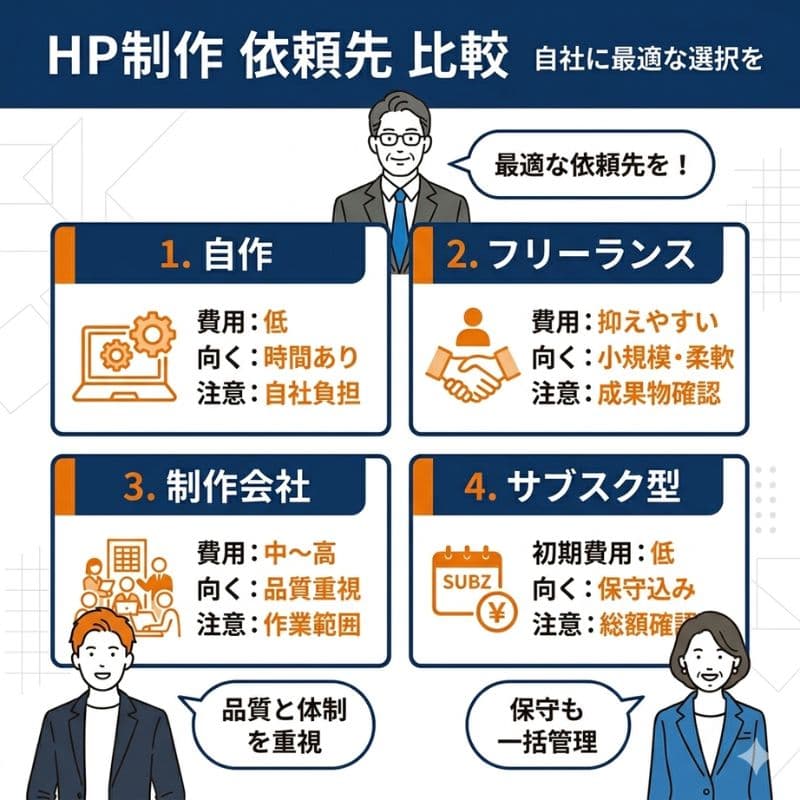 HP制作依頼先比較。4つの選択肢の特徴をまとめたインフォグラフィック。