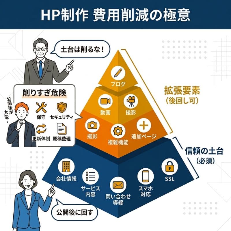 HP制作 費用削減の優先順位を解説するピラミッド