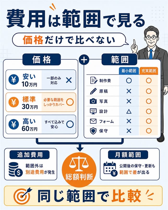 1ページ制作費用を価格と範囲で比べる図解