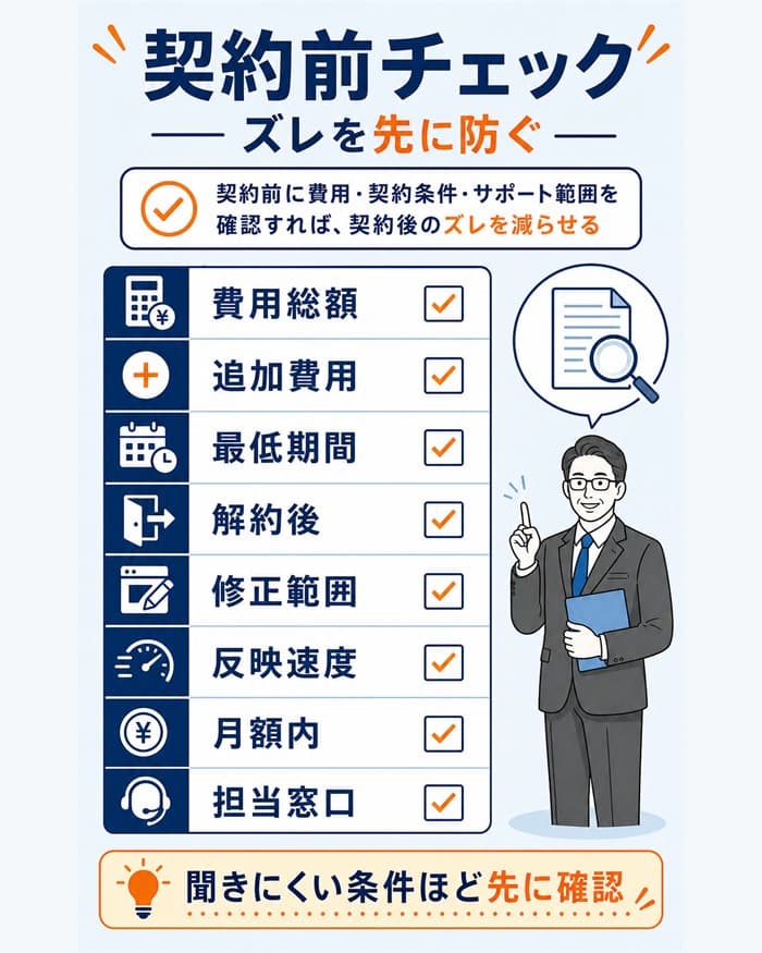 契約前に確認したい費用と条件のチェック図