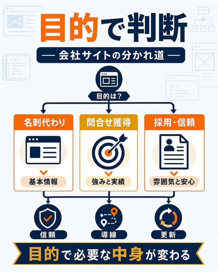 Jimdo会社サイトの目的別に必要な情報を整理した図解