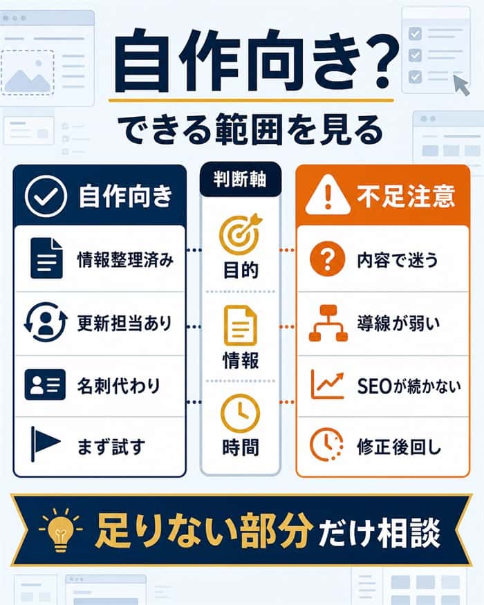 Jimdo自作が向く条件と不足しやすい点の比較図解