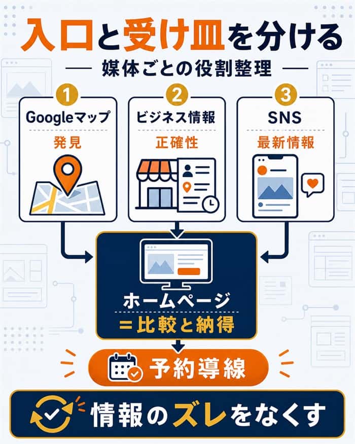 GoogleマップやSNSとホームページの役割分担を示す図解