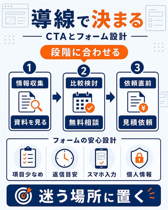 検討段階に合わせたCTAとフォーム改善の図解