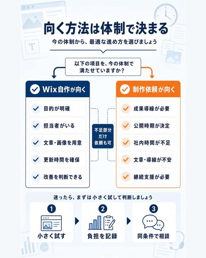 現在の体制からWix自作と制作依頼の向き不向きを判断する
