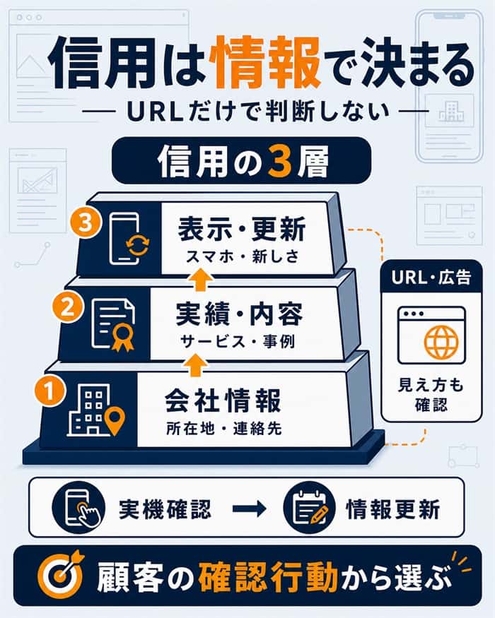 会社サイトの信用を支える会社情報・実績・更新の3層図解
