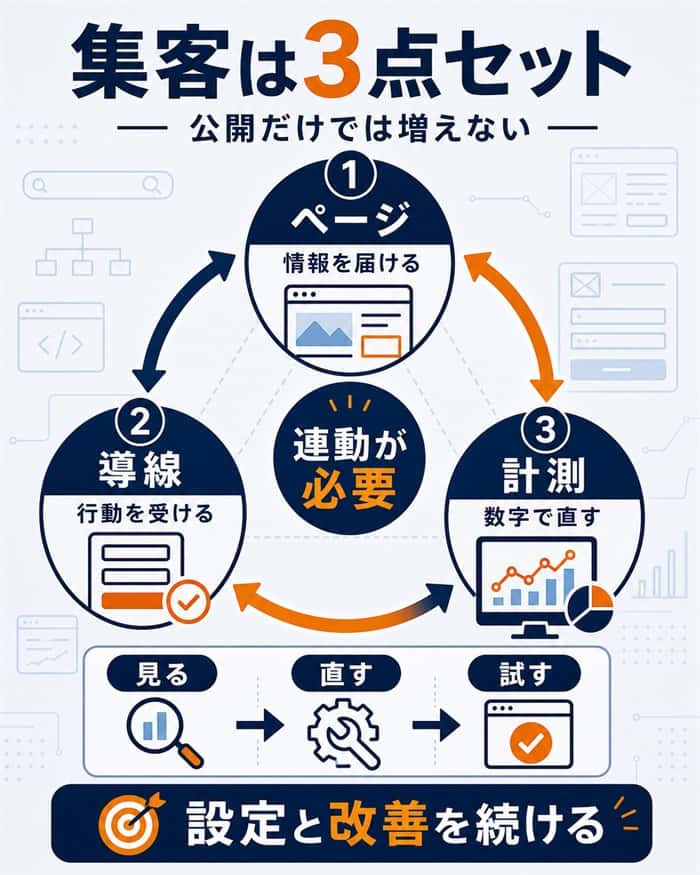 集客に必要なページ・導線・計測と改善サイクルを示す図解