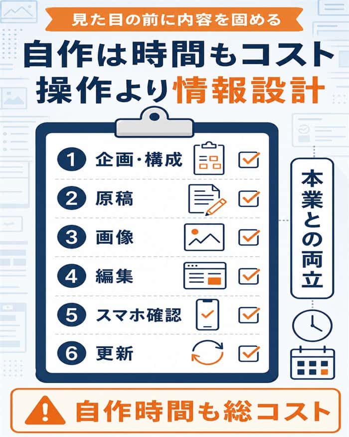 自作ホームページに必要な六つの作業と時間コストを示すチェック図