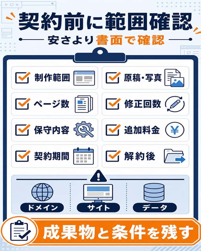 格安月額制作の契約前に確認する八項目と資産管理を示す図解