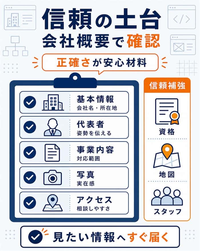 会社概要で信頼確認に必要な基本情報を整理する図解