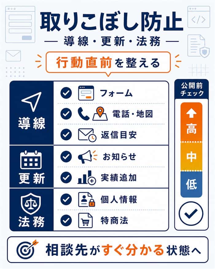 問い合わせ導線と更新情報と法務確認の図解
