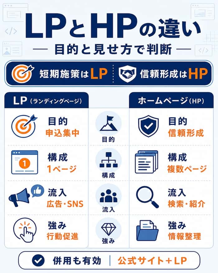 LPとホームページの目的・構成・流入の違いを比較した図解