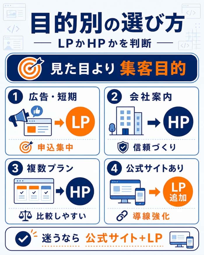 集客目的別にLPかホームページかを判断する選び方図解