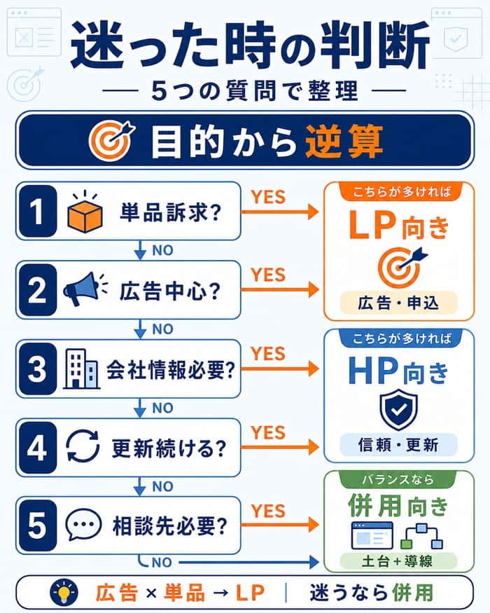 LP制作かホームページ制作か迷った時の判断フロー図解