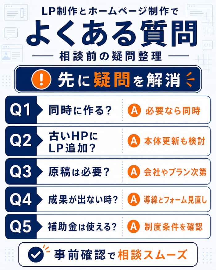 LP制作とホームページ制作のよくある質問を整理したFAQ図解