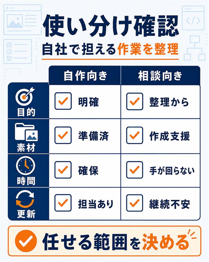 STUDIO制作を自作か相談か分けるチェック図解