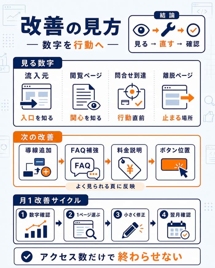 アクセス解析を改善行動につなげる流れを示した図