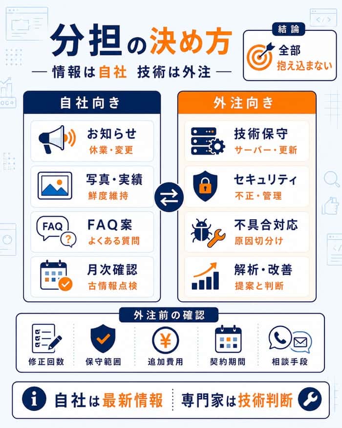 自社運用と外注作業の分担方法を整理した図