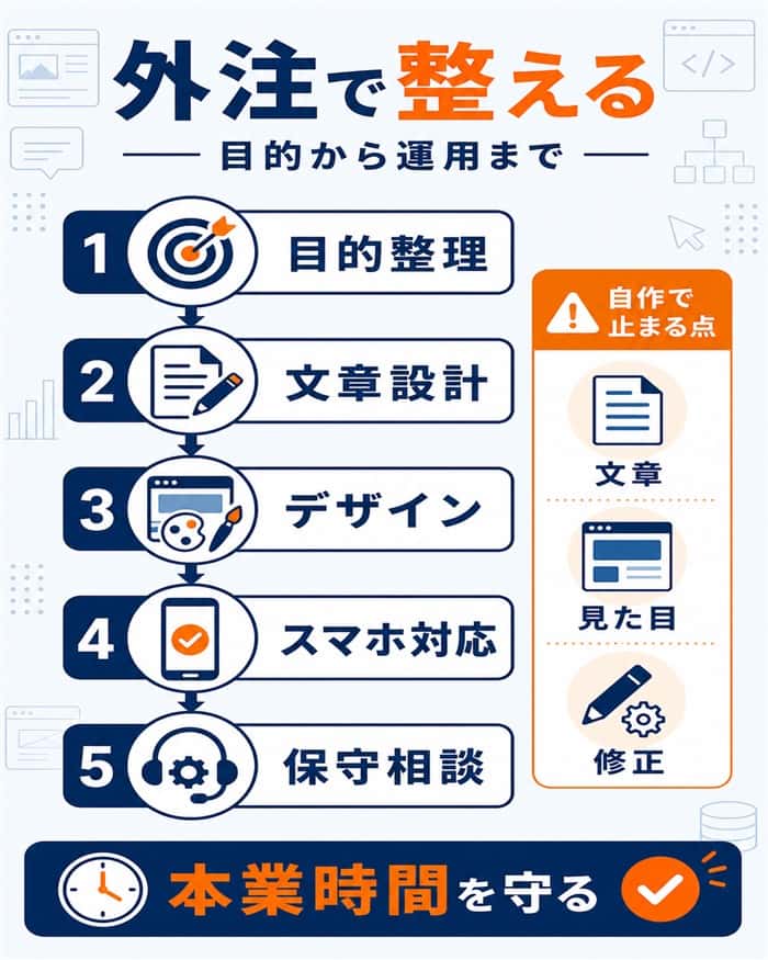 外注で目的整理から保守まで整える流れの図解