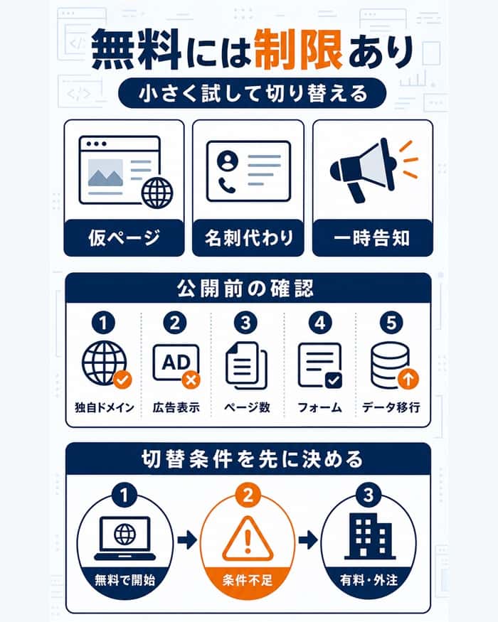 無料ホームページの制限と切り替え条件の図解
