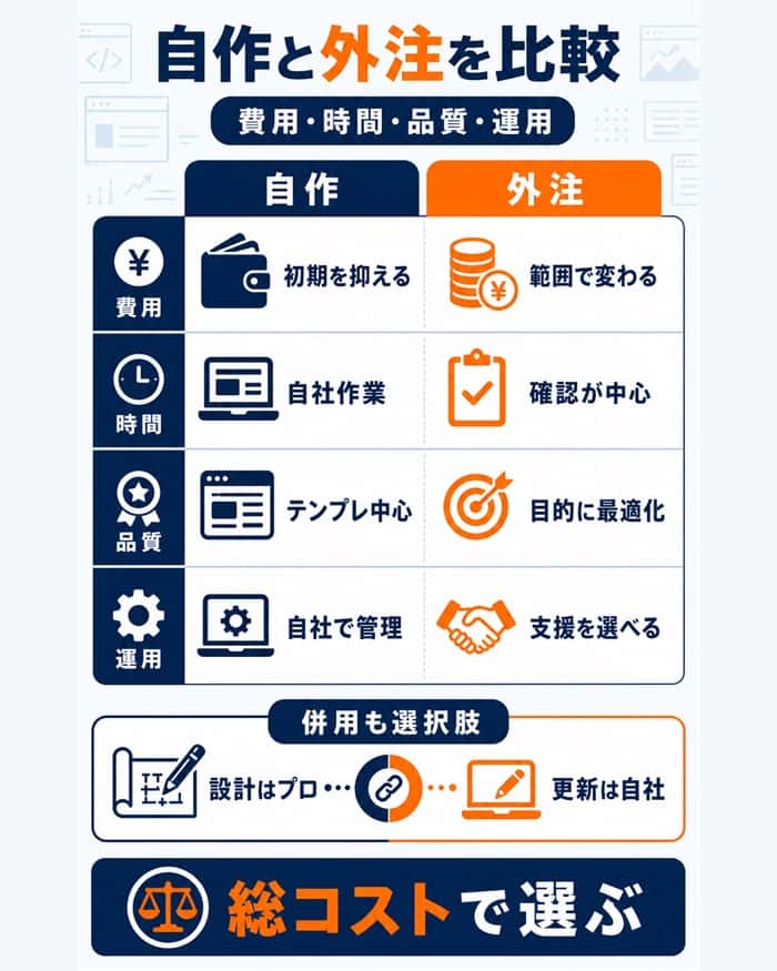 自作と外注を費用・時間・品質・運用で比較