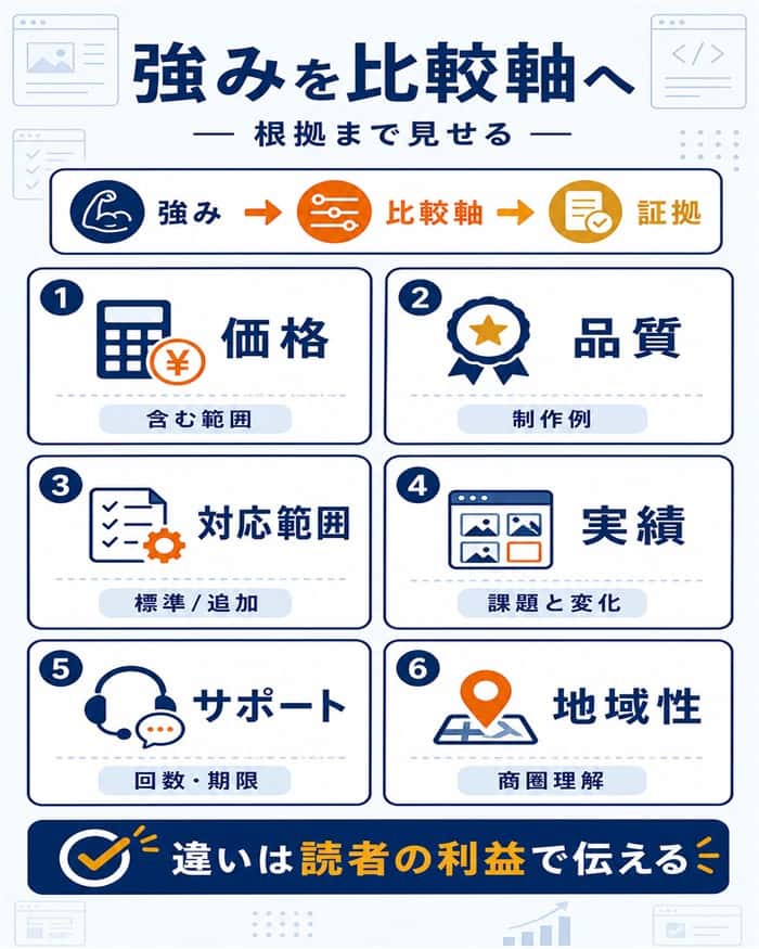 選ばれる理由を比較軸と根拠に変える図解