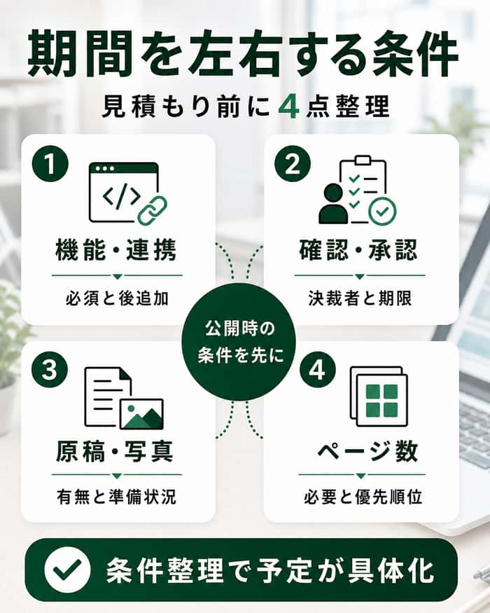 制作期間を左右する機能・承認・素材・ページ数の4条件
