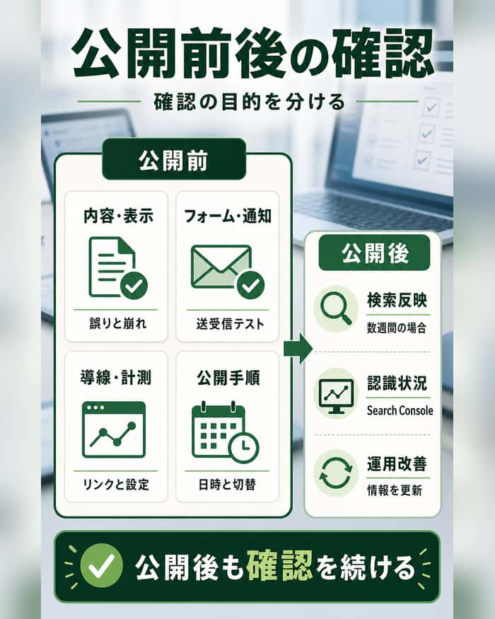 ホームページ公開前の確認項目と公開後の検索・運用確認