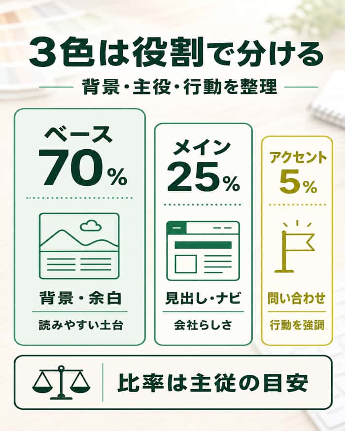 ベース・メイン・アクセントの役割と70対25対5の配色図解