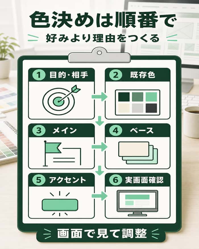 目的と読者の整理から実画面確認までの配色決定6ステップ