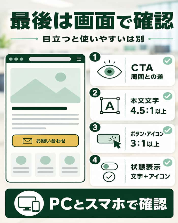 CTAと文字・UI・状態表示の見やすさを確認するチェック図