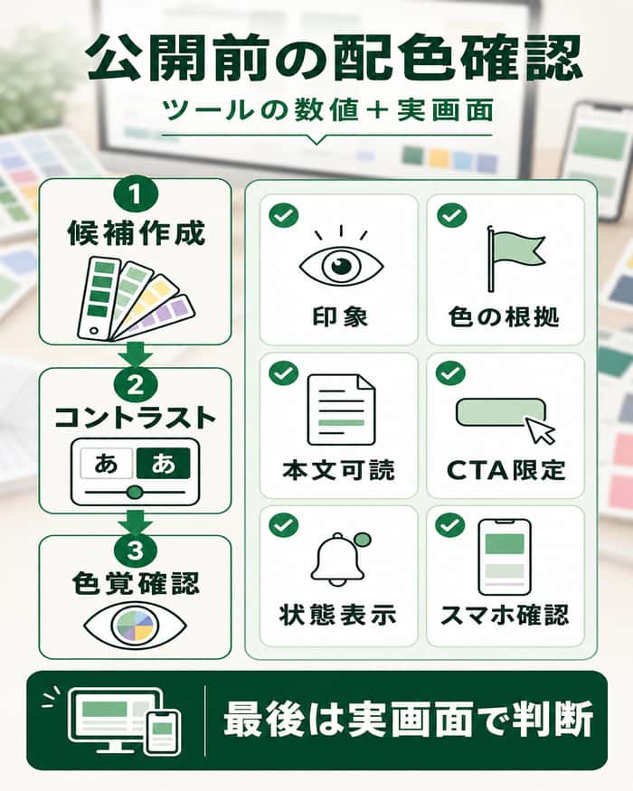 配色ツールの活用から公開前の実画面確認までを示すチェック図