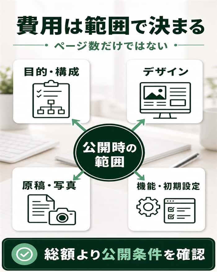 ホームページ制作費用を公開時の制作範囲で整理する図解